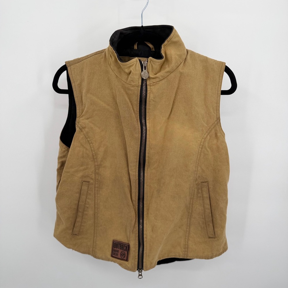Outback Men's M Oilskin Canvas Waxed Vest Tan Black Workwear Lined Full Zip READ - Picture 1 of 14